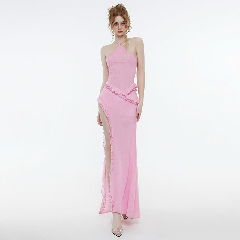 Summer Womens Dress Sexy Halter Neck Ruffled Trim Side Slit Design Perfect for Parties and Casual Outings