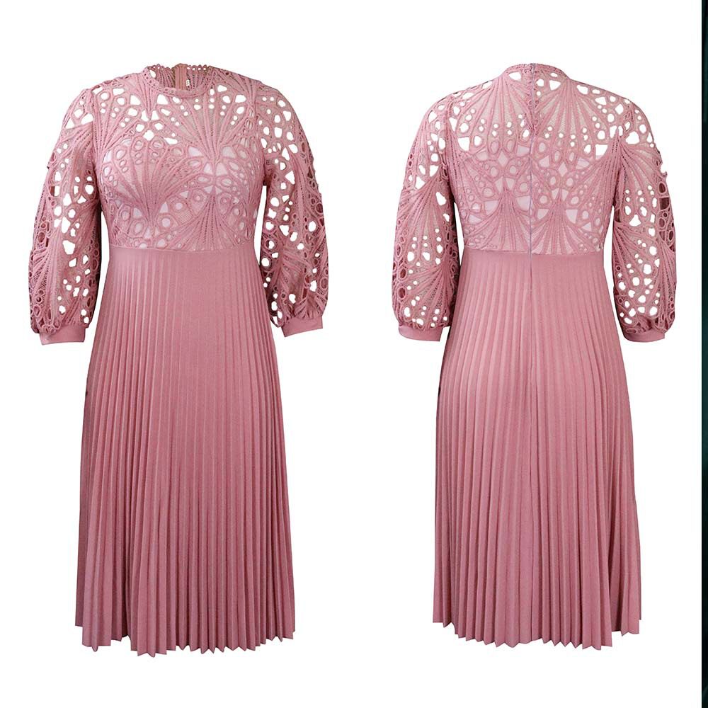 Plus Size Womens Lace Panel Pleated Hollow Out Dress Elegant Design Summer Style African Fashion Wholesale Available