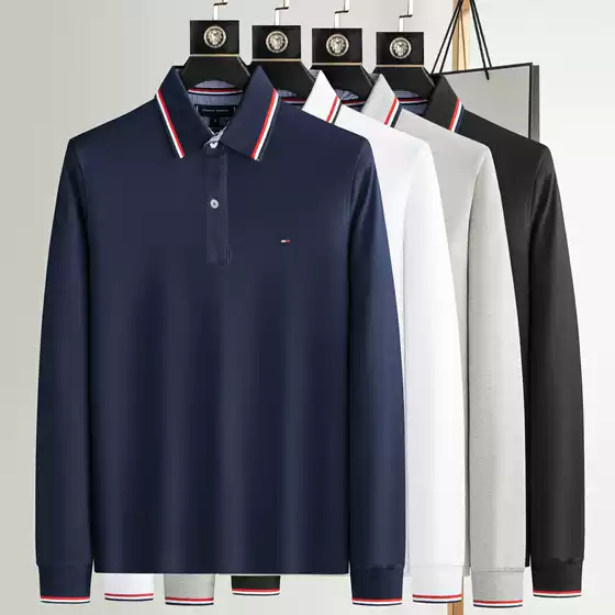 Autumn and Winter New Tommy Men's Long Sleeve Tommy Solid Color Business Casual plus size Lapel Loose Long Sleeve Polo Shirt