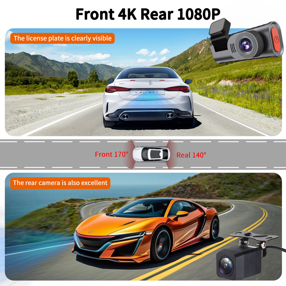 Cross-Border 4K Front and Rear Dual-Recording High-Definition Driving Recorder Supports Wifi 24H Parking Monitoring