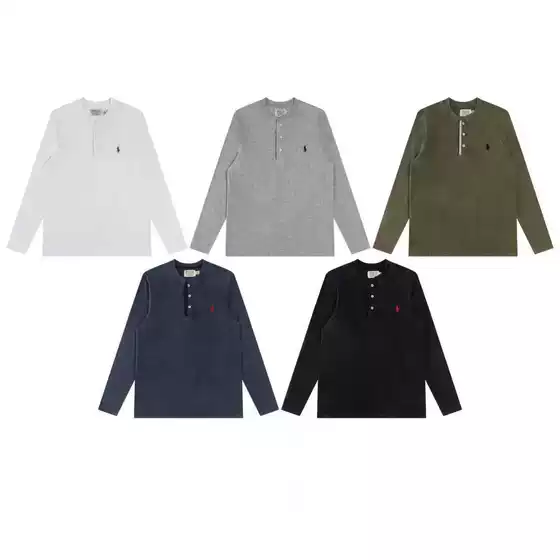 In-Stock Rl Ralph Lauren Washed Heavy-Duty Brushed Vintage-Style Henley Stand-Collar Open-Front Long-Sleeve Base Layer Thin Sweatshirt