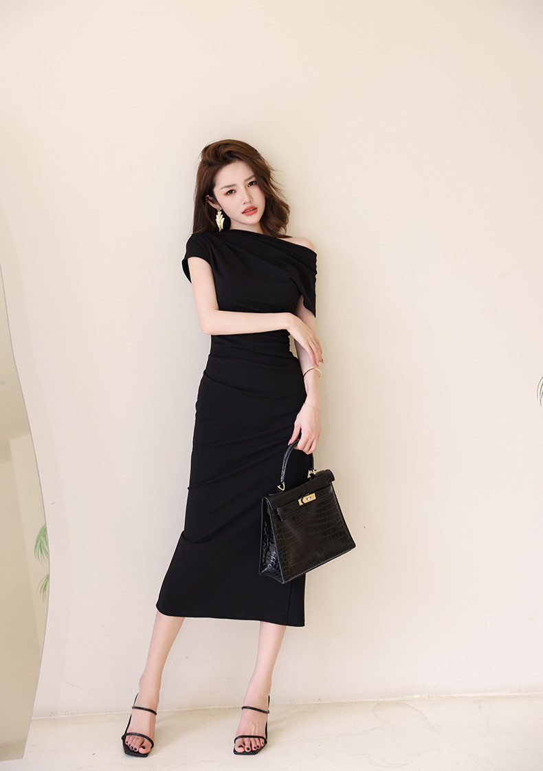 Đầm ôm body nữ dáng dài tay ngắn, cổ chéo, thiết kế eo ôm, phong cách Pháp — [Đen], [Xanh bạc hà], [Màu mơ], [Đỏ rượu vang] chi tiết 27