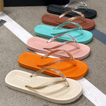 Simple Summer Sparkling Slippers Flip-Flops for Women to Wear Outside, Non-Slip Bathing Hot Style Fashionable Waterproof Summer Travel New Style