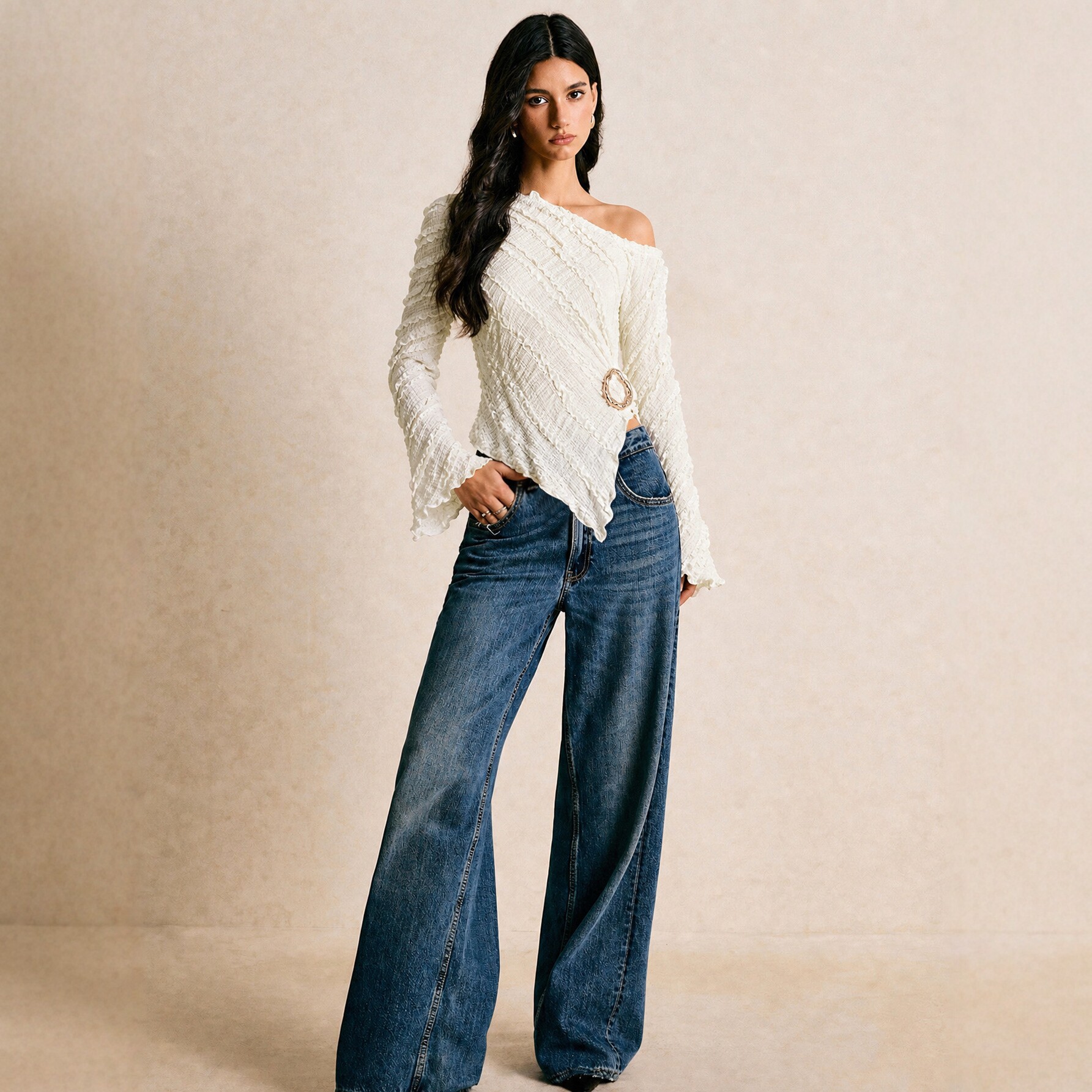 Asymmetrical Hem Long Sleeve T Shirt French Texture Slim Fit Flare Sleeve Stylish Design Casual Wear Wholesale
