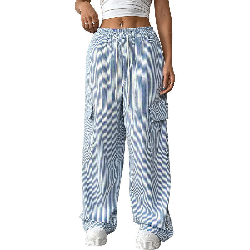 Wide Leg Striped Trousers Fresh Minimalist Design Adjustable Drawstring Summer Style Wholesale Available