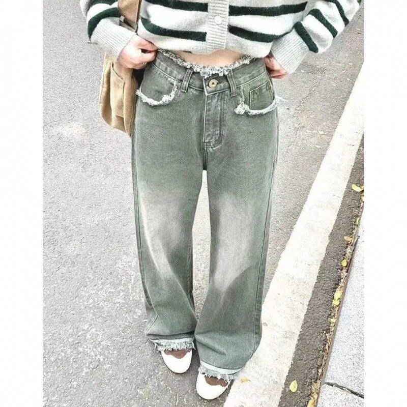 High Waisted Loose Fit Distressed Green Denim Jeans Retro Style Straight Leg Versatile for Casual Wear Wholesale