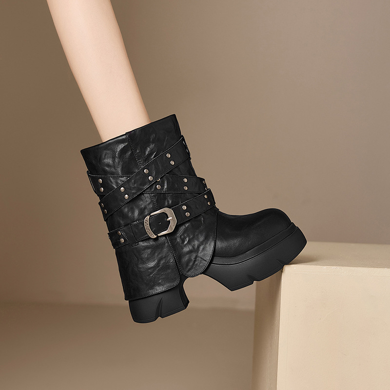 Boot Martin nữ cổ ngắn đế dày khóa thắt lưng gót thô đính đinh tán — Lớp lót đơn màu đen, Lớp lót đơn màu nâu, Lót nhung đen, Lót nhung màu nâu