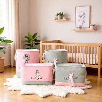Pink Fabric Children's Storage Bucket Toy Storage Basket Dirty Clothes Basket Cartoon Baby Storage Box Household Sundries Organizer