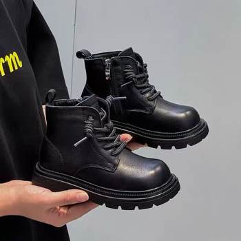 First-Layer Cowhide Versatile Boots 2025 Autumn and Winter New Style British Style Fashion Short Boots for Boys and Girls Low-Cut Cotton Boots