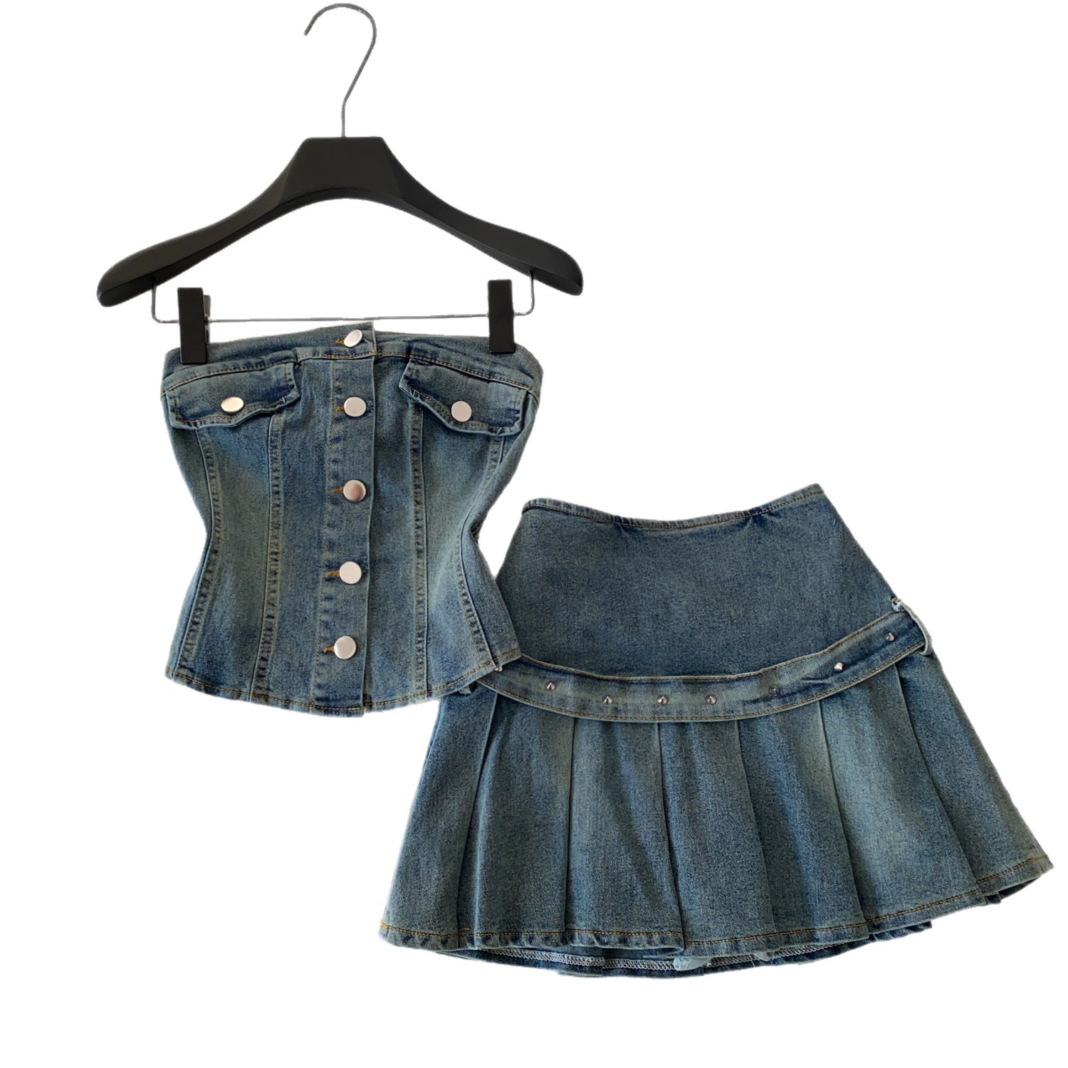 Vintage Denim Strapless Vest and Pleated Skirt Set Slim Fit Youthful Style Summer Wear Wholesale Available