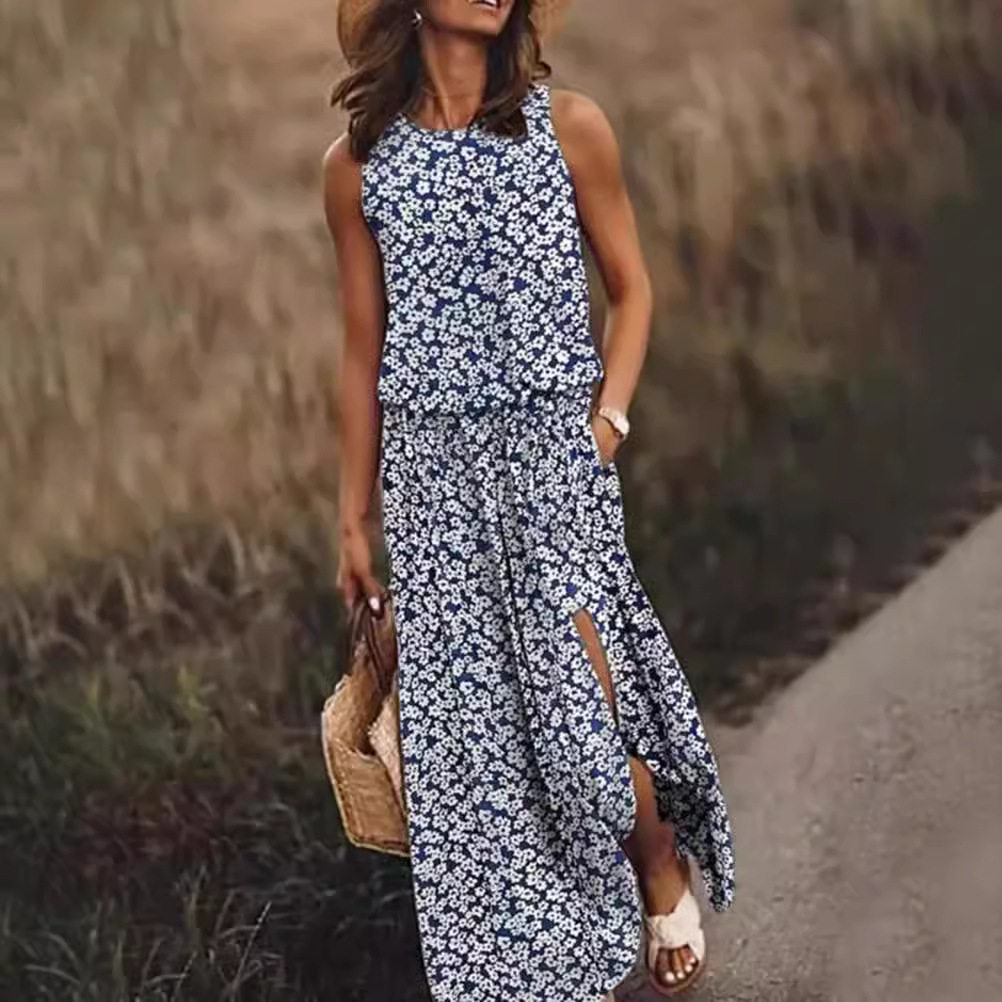 Floral Print Sleeveless Maxi Dress Round Neck Split Hem Lightweight Fabric Summer Casual Wear Wholesale Available