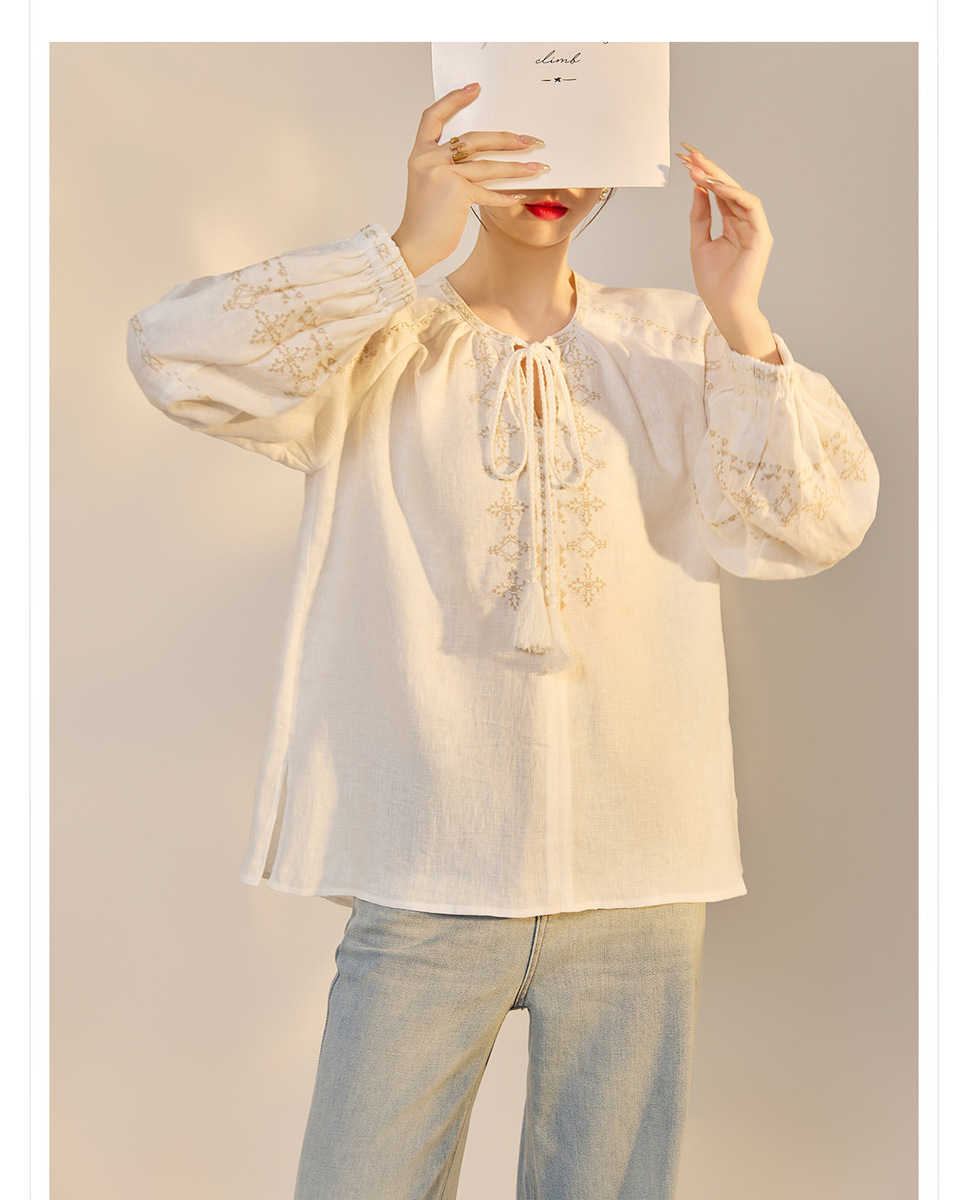 Áo sơ mi nữ linen dài tay thêu họa tiết dáng rộng — Màu trắng be, Màu xanh đậm, Màu xanh lam nhạt