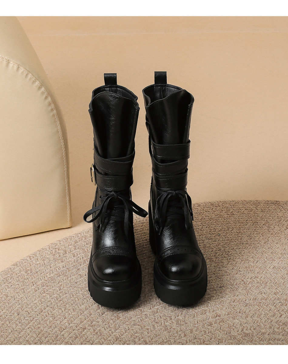 Boot nữ cổ trung khóa thắt lưng gót thô 12cm phong cách cổ điển — Lớp lót đơn màu be, Lớp lót đơn màu đen, Lớp lót đơn màu nâu, Lót nhung đen