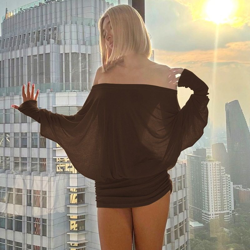 欧美风女装2025春季新品性感纯欲风一字领抽褶紧身包臀连衣裙