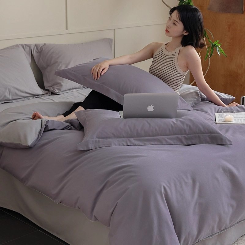 Casual Style 100S High Count Pure Cotton Brushed Four-Piece Set Pure Color Soft Cotton Quilt Cover 1.95m Bedding