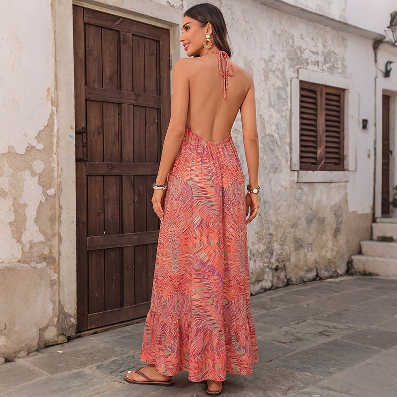 Bohemian Floral Print Backless Maxi Dress Relaxed Fit Halter Neck Lightweight Fabric Perfect for Vacations