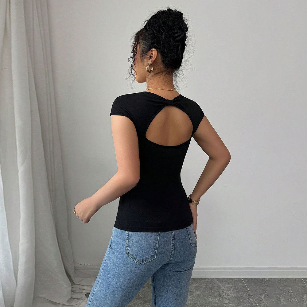 Summer Womens Short Sleeve T Shirt Slim Fit Heart Neckline Solid Color Polyester Fabric Casual Wear Wholesale