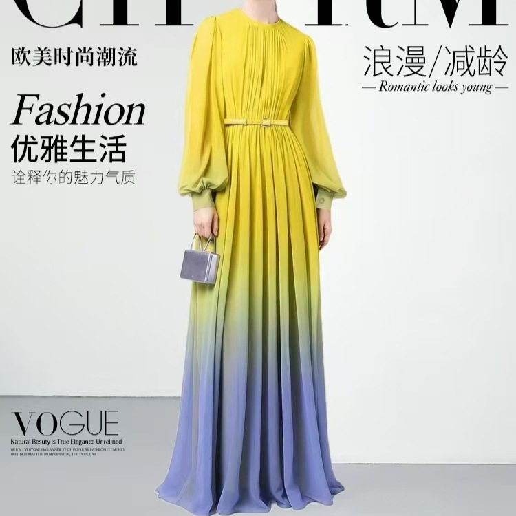 Elegant French Style Gradient Color Dress Spring Collection Waist Defining Flattering Fit Flowing Pleats Maxi