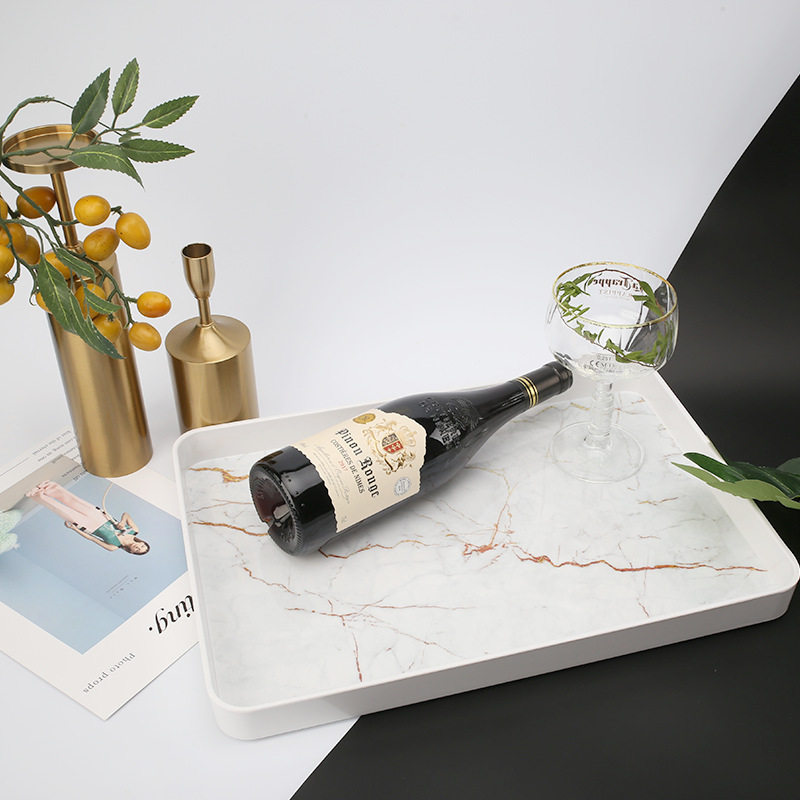 Scandinavian Melamine New Rectangular Imitation Marble Pattern Home Living Room Hotel Cup Tea Set Storage Plastic Tray