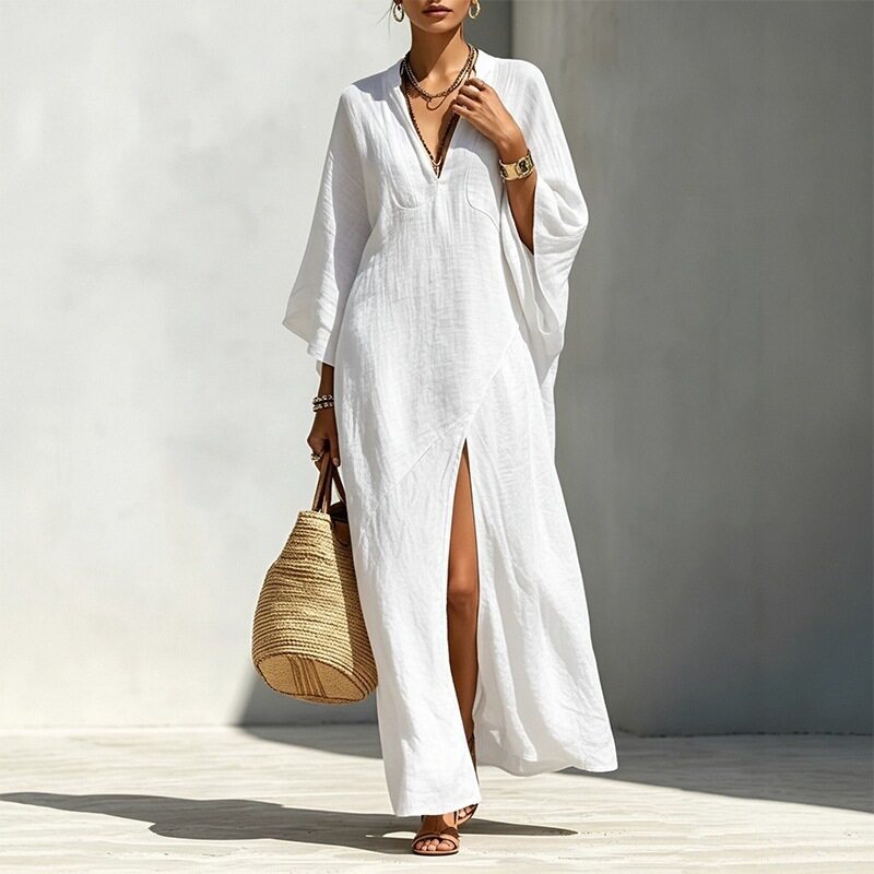 Casual Batwing Sleeve Maxi Dress Loose Fit Side Slit Lightweight Fabric Summer Vacation Wear Wholesale Available