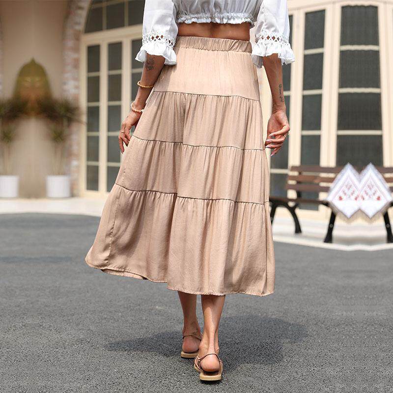 Summer Womens Ruffled Solid Color Midi Skirt Elegant Design Comfortable Fit Versatile for Casual or Formal Occasions
