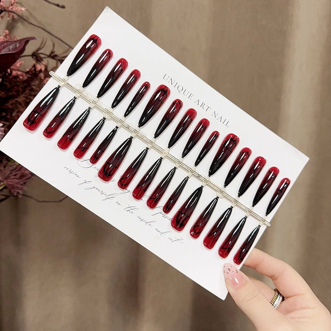 S379-Pre-Made Nail Polish Gothic Aesthetic Red and Black Gradient Wearable Nails Niche Mysterious Long Detachable Nails