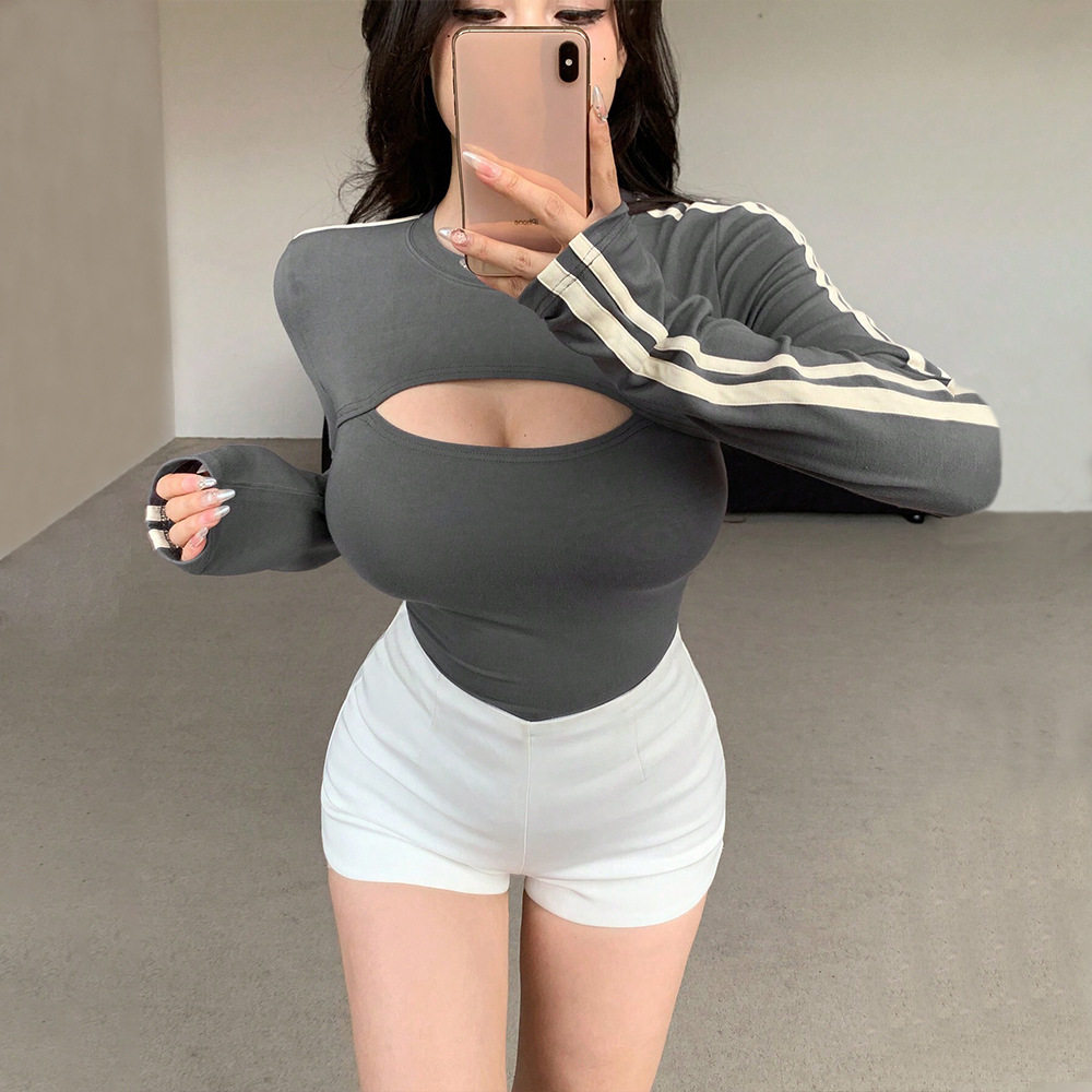 Womens Color Block Short Sleeve T Shirt Slim Fit Two Piece Look Contrast Stripes Autumn Winter Casual Wear