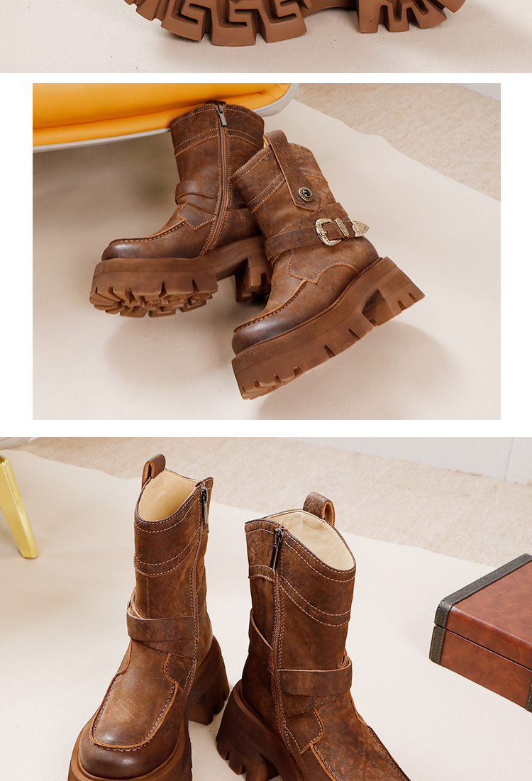 Boot Martin nữ cổ ngắn da bò thật khóa kim loại đế dày
