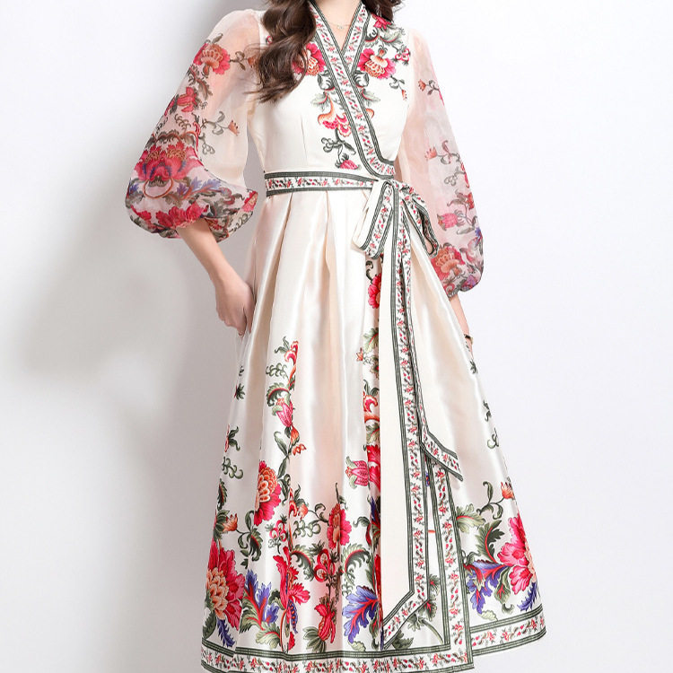 Vintage Inspired V Neck Lantern Sleeve Dress Crossed Waist Tie Sheer Fabric Floral Print Flared Hem Elegant Evening
