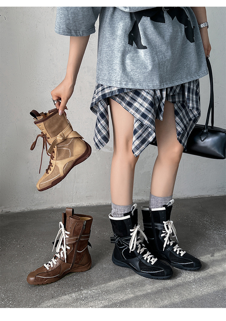 Boot nữ da bò lộn cổ thấp tăng chiều cao gót 3cm — Màu đen, Màu kaki, Màu nâu