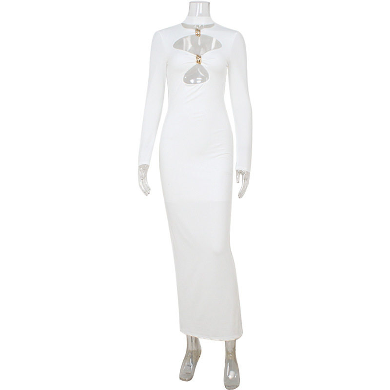 Elegant Hollow Design Long Sleeve Bodycon Dress High Quality Fabric Solid Color Slim Fit Perfect for Formal Events
