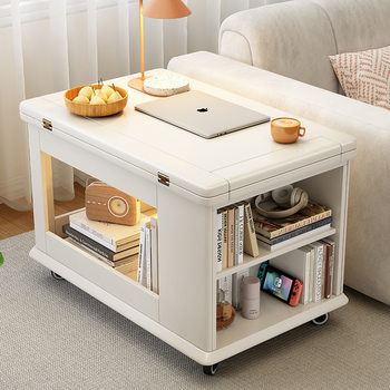Solid Wood Mobile Folding Coffee Table Small Apartment Living Room Dining Table Dual-Purpose Tea Table Home Sofa Side Cabinet Trolley Side Table