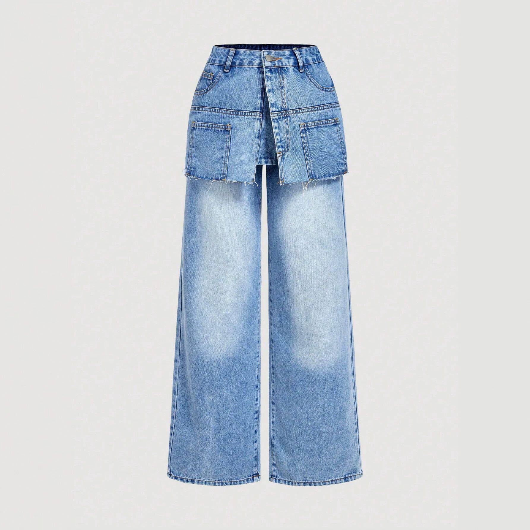 Fashionable Two Piece Look Wide Leg Jeans Trendy Design Comfortable Fit Versatile Style Perfect for Casual Outings