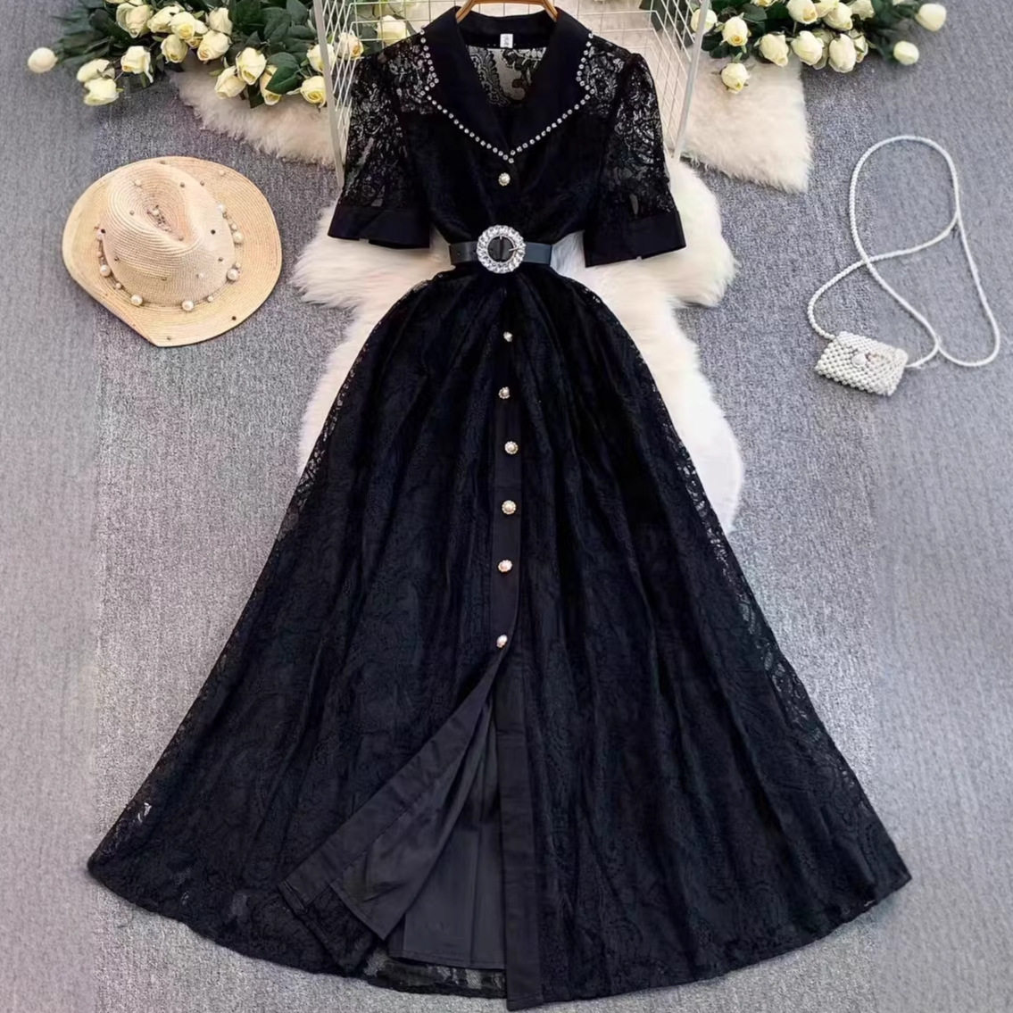 Elegant Lace Blazer Dress Pearl Button Waist Defined Flared Skirt Spring and Autumn Fashion Wholesale Available