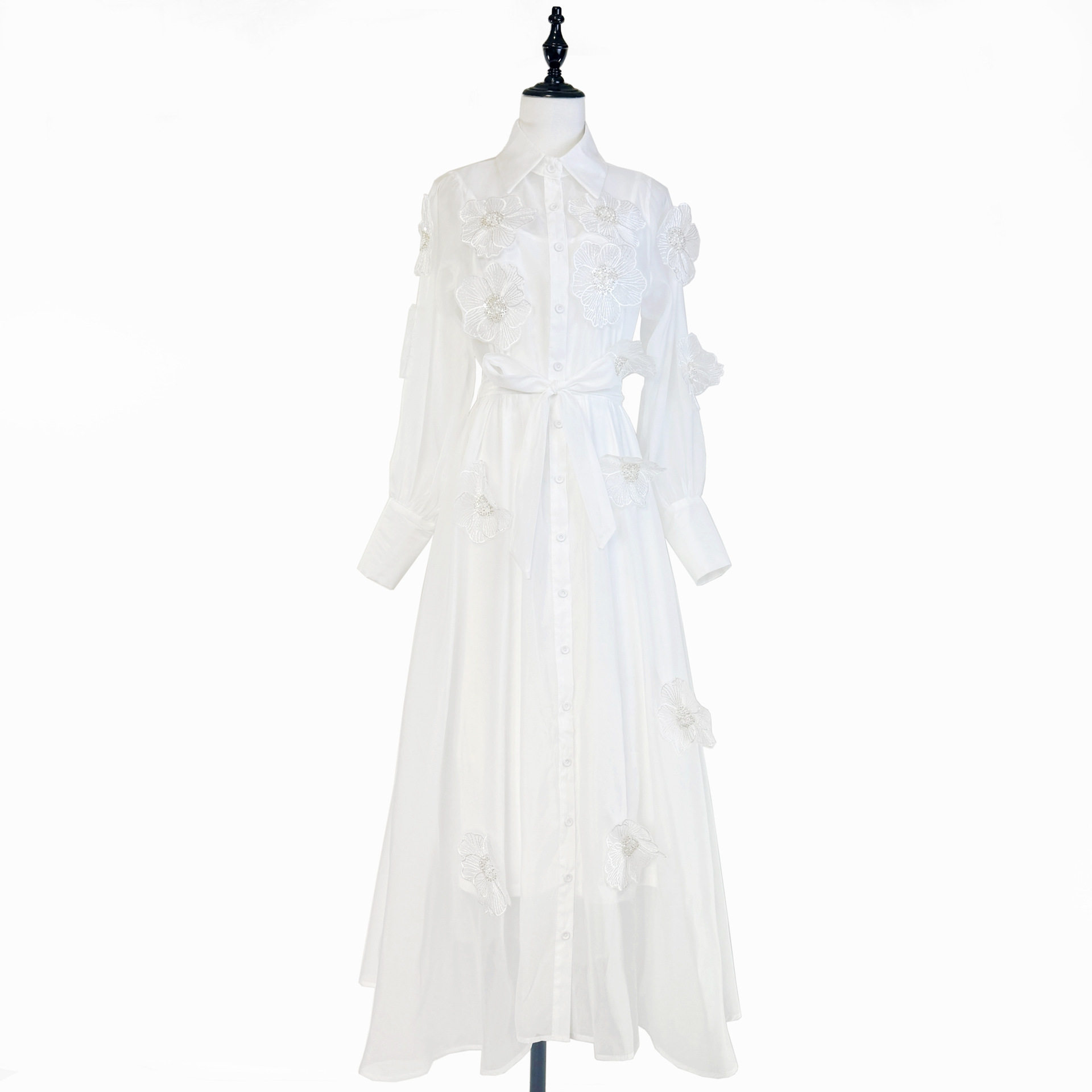 French Style Womens Dress Fashionable Beaded 3D Floral Design Waist Tie Flared Tulle Long Skirt for Autumn Wholesale