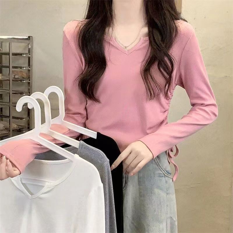 Womens Long Sleeve T Shirt V Neck Drawstring Versatile Chic Design Casual Layering Top for Spring and Autumn