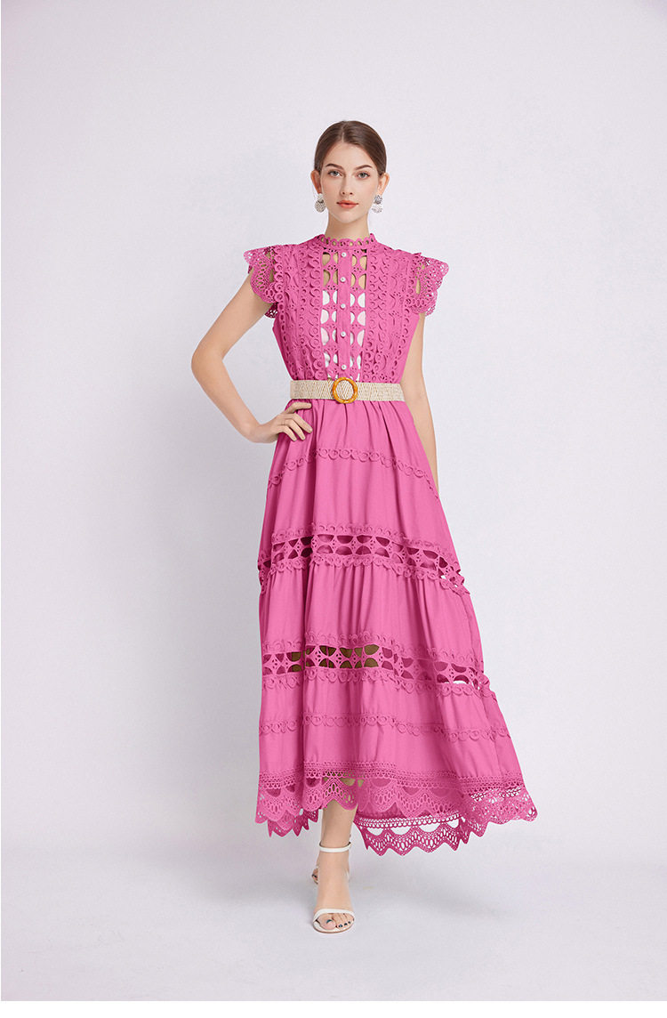 Elegant Sleeveless Dress French Style High Quality Lace Hollow Embroidery Waist Defining Perfect for Formal