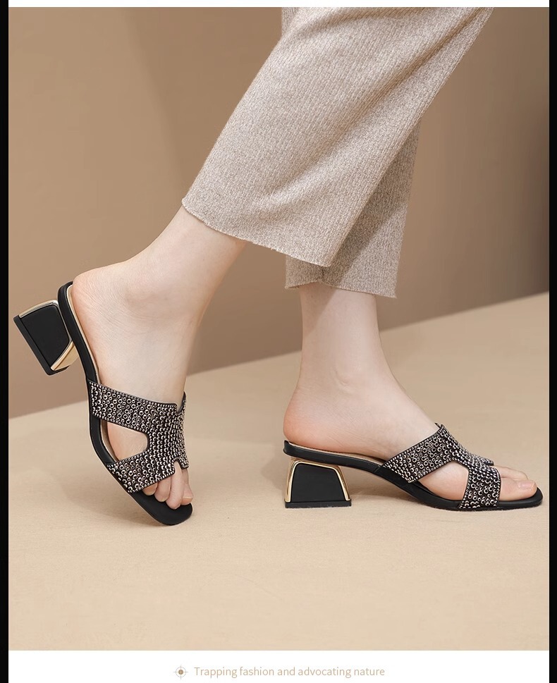 Sandal nữ quai ngang gót vuông đính đá lấp lánh phong cách dịu dàng đi chơi mùa hè — Màu đen, Màu trắng be