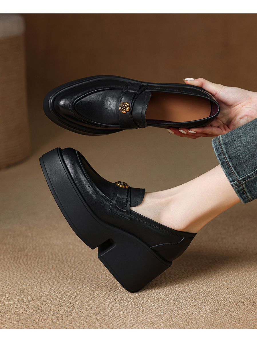 Giày lười nữ đế xuồng gót cao 8cm da bò thật mũi nhọn — màu đen, Màu nâu