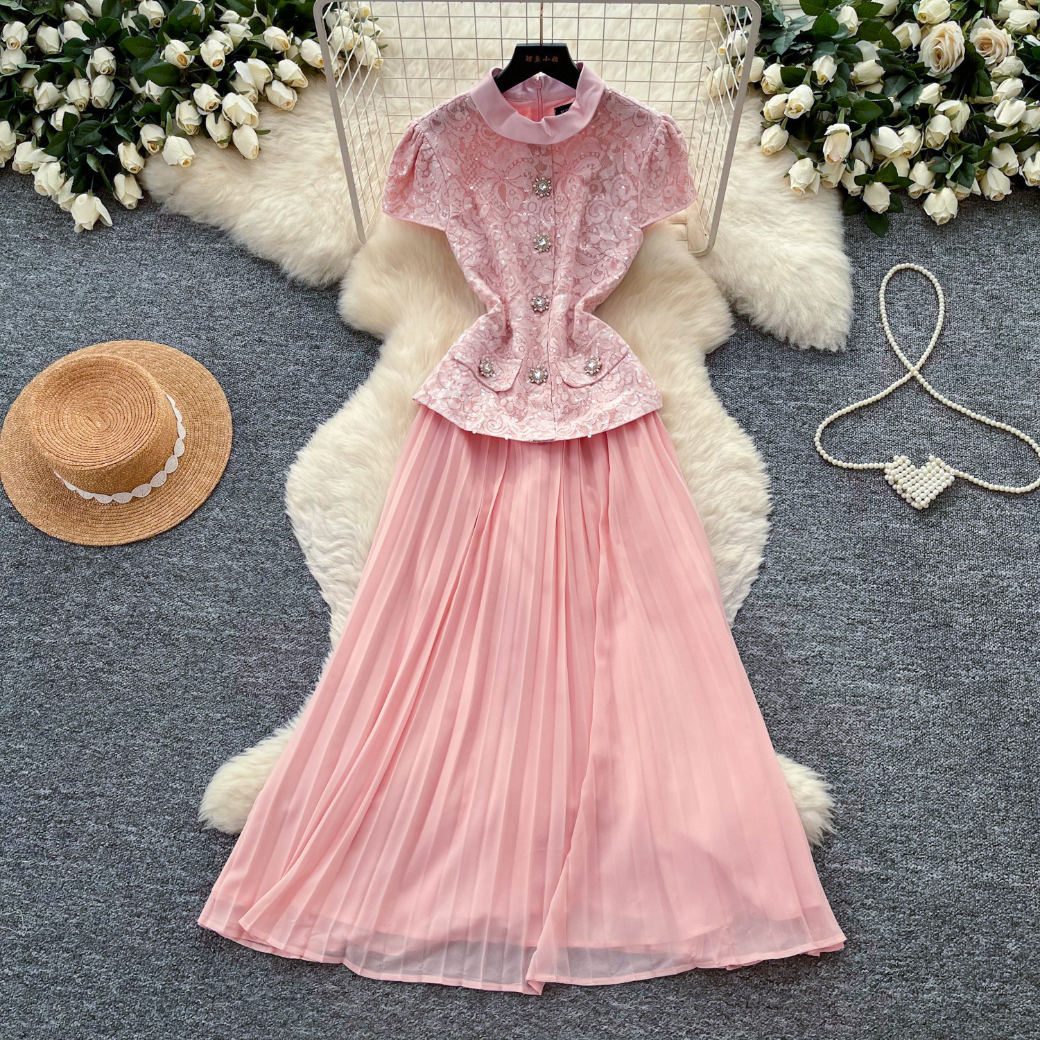 Elegant Pink Lace Dress High Waist Pleated Slim Fit Summer Office Wear for Women Wholesale Available