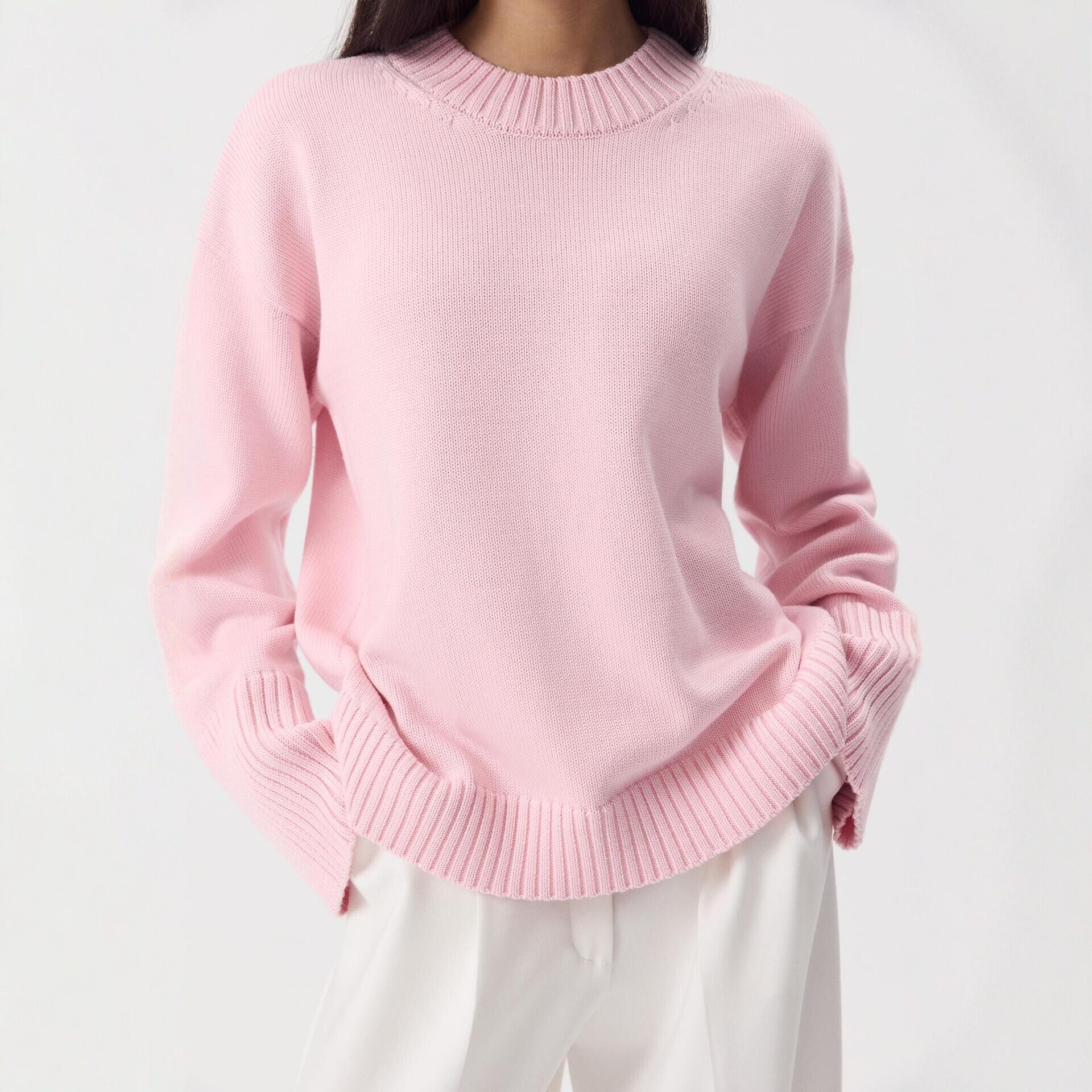 Loose Fit Round Neck Cotton Sweater for Women Solid Color Knitted Long Sleeve Spring and Autumn Casual Wear