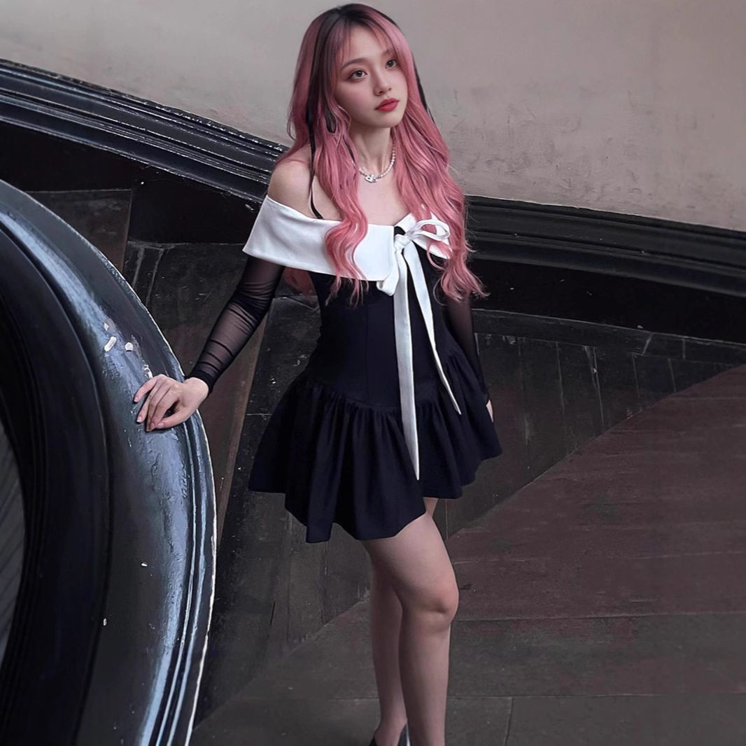 Cute Bow Tie Dress Color Block Design Doll Collar Short Length Autumn Fashion for College Style Wholesale Available