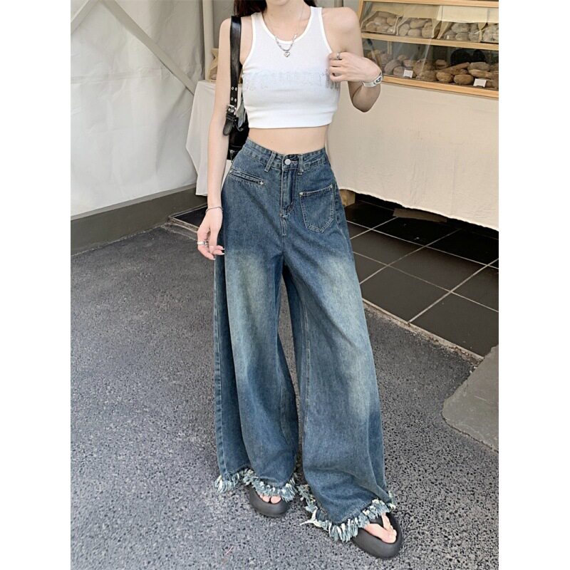 High Waisted Wide Leg Jeans for Women Vintage Style Loose Fit Frayed Hem Spring and Autumn Fashion Wholesale