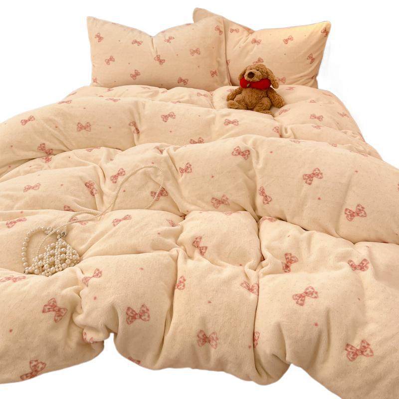 Winter Thickened Milk Velvet Four-Piece Set with Fleece Double-Sided Flannel Duvet Cover and Fleece Bed Sheet Dormitory Three-Piece Set Wholesale