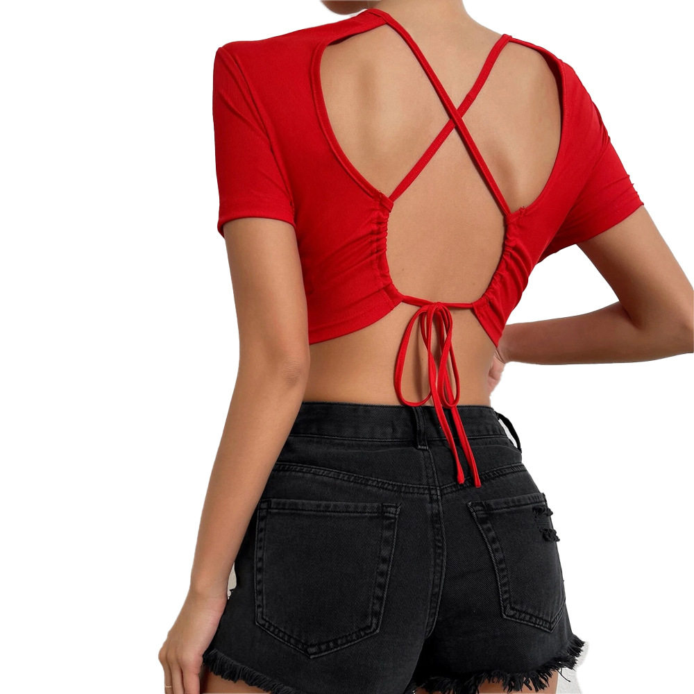 Summer Womens Short Sleeve T Shirt Sexy Backless Design Cropped Length Lightweight Fabric Casual Wear Wholesale