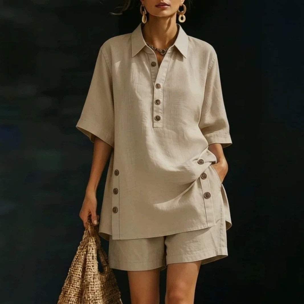 Womens Two Piece Set Short Sleeve Button Up Shirt Loose Fit Pants Solid Color Spring Summer Casual Wear Wholesale