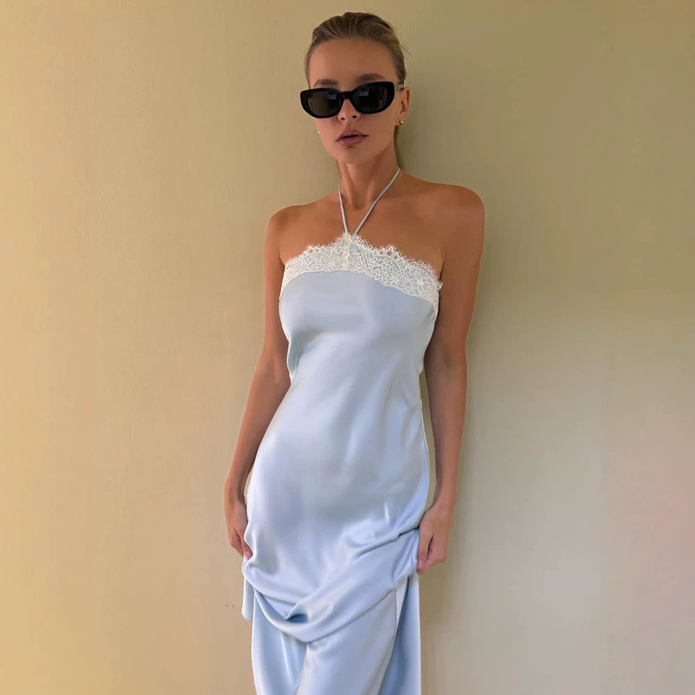 Sleeveless Lace Trim Satin Maxi Dress Skin Friendly Slim Fit Halter Neck Elegant Evening Wear Wholesale Available