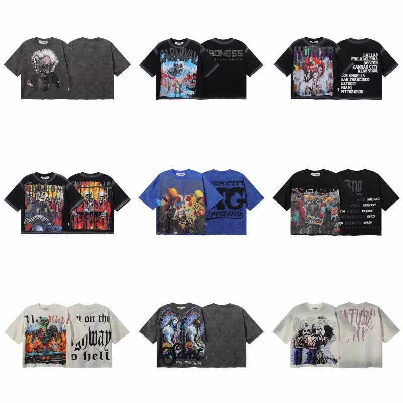 เสื้อยืดแขนสั้น ผ้าฝ้ายแท้ ผ้าเทอร์รี่ ทรงหลวม วินเทจ ซักน้ำ ประดับพลอยแวววาว แบรนด์ดังสไตล์อเมริกัน สำหรับทั้งชายและหญิง