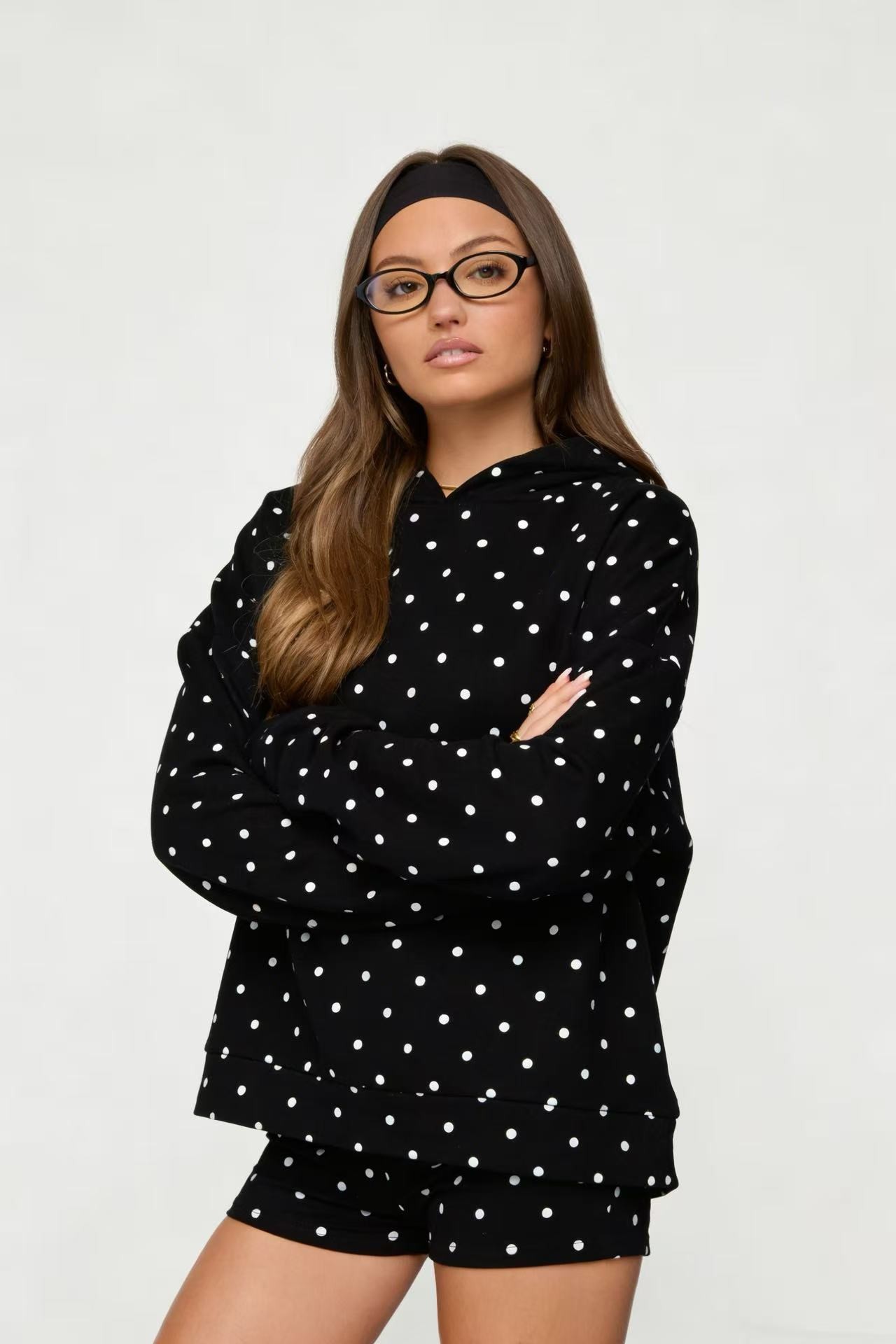 Polka Dot Hoodie and Shorts Set Stylish Casual Comfortable Fabric Perfect for Sports and Leisure Wholesale Available