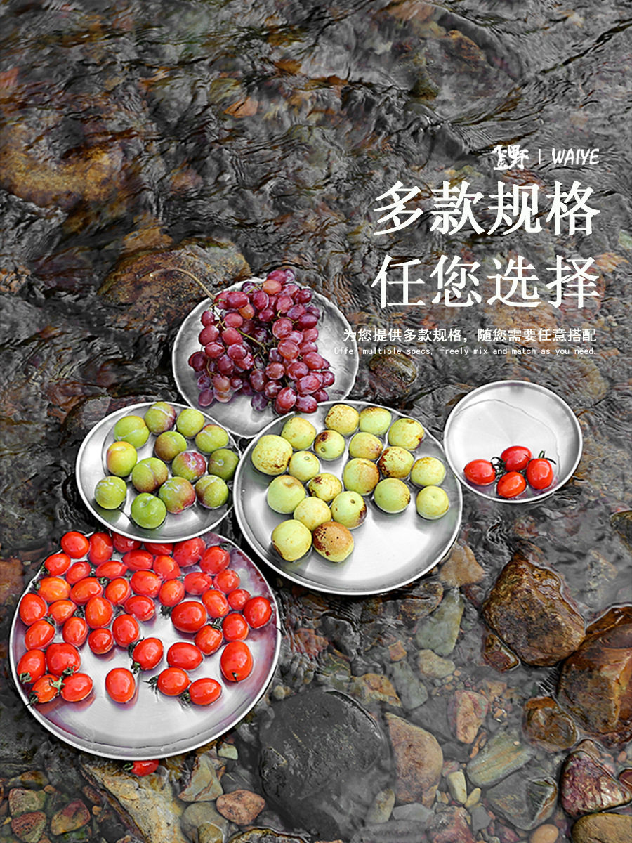 Outdoor Picnic Stainless Steel Dinner Plate Camping Tableware BBQ Heat Resistant Disc Five-Piece Set Round Shallow Plate Portable Cookware